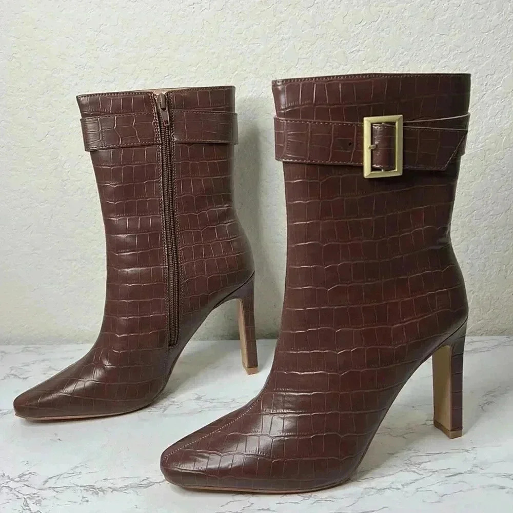 Journee Collection Brown Croc-Embossed Ankle Boots